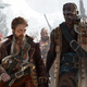 Two pirates walking ashore flanked by their crews.